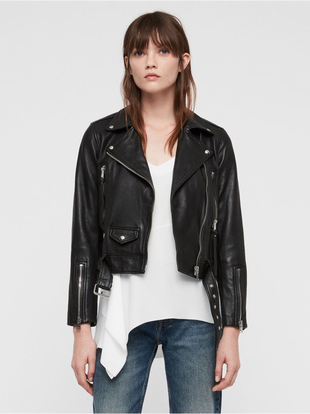 Cropped Black Leather Moto Jacket with Silver Hardware